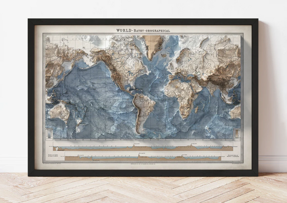 Mapa mundo profundidades 3d 90x60 cm | Con o sin marco | Mapas del Sur