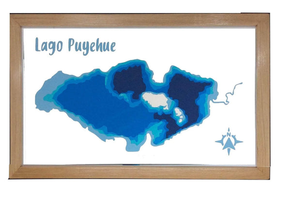 Lago Puyehue Profundidad 30x20 cm | con marco | Maqueta profundidad | Mapas del Sur