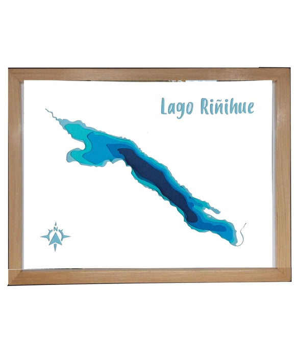 Lago Riñihue Profundidad 30x20 cm | con marco | Maqueta profundidad | Mapas del Sur