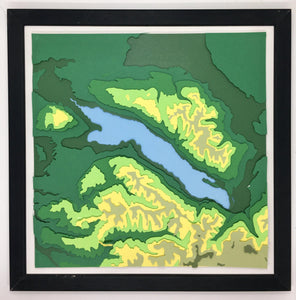 Maqueta Lago Riñihue 30x30 cm | Con Marco | Mapa Maqueta altura | Mapas del Sur